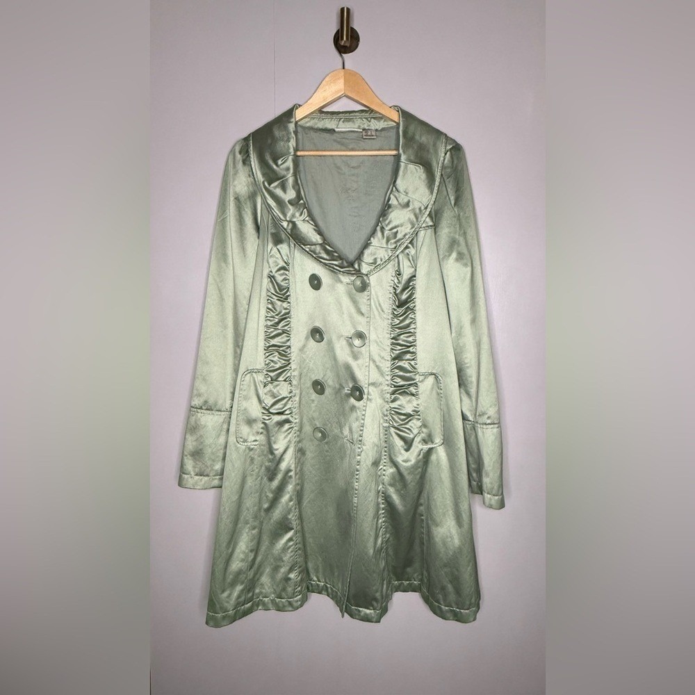 DKNY Jeans Satin Trench Coat Sage Green Double Breasted Women's L - Picture 3 of 9